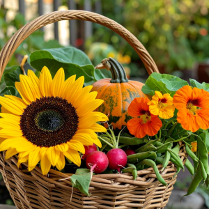 photograph of these in a basket Sunflower, jack o lantern Pumpkin, Nasturtium, Radish 189764