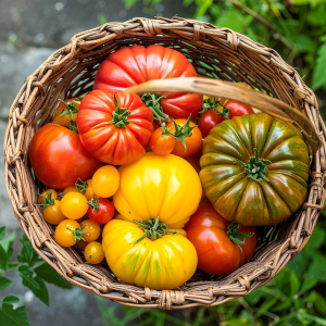 photograph of these in a basket of 5 kinds of tomatoes big and small 608117